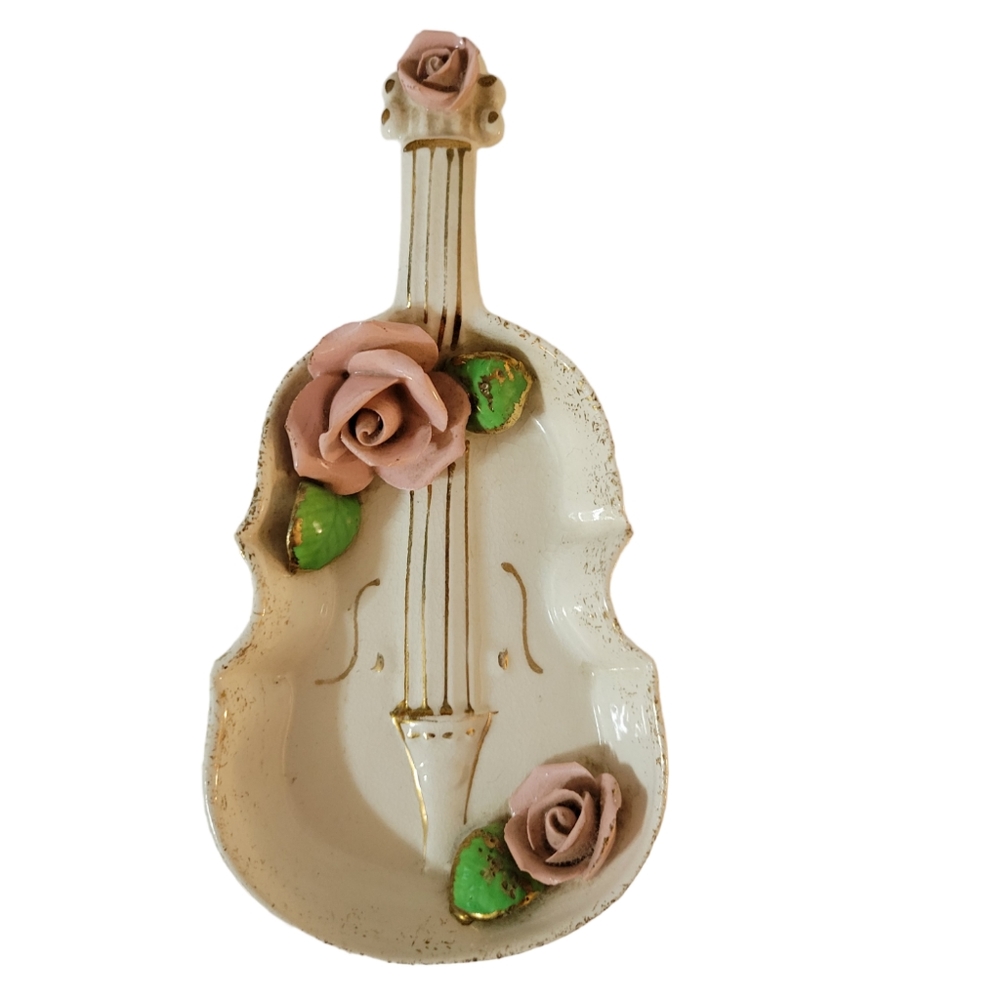 Vintage Lefton Violin Chello Trinket Dish Roses